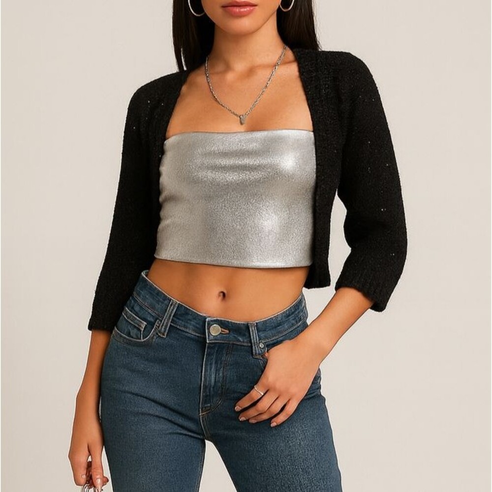 Guess Y2K Black Shrug S Crop Cardigan Top Silver Sequined Sweater Open Round Hem